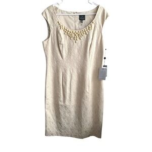 NWT Adrianna Papell Golden Beige Jacquard‎ Beaded Neckline Sheath Dress  Size 14
